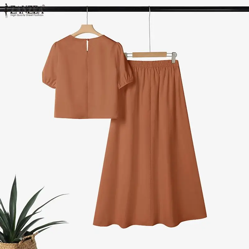 ZANZEA Women's Lace Paneled Skirt Suits Summer Puff Sleeve Crop Tops & A-Line Maxi Skirts 2 Pieces Sets Vacation Casual Outfits