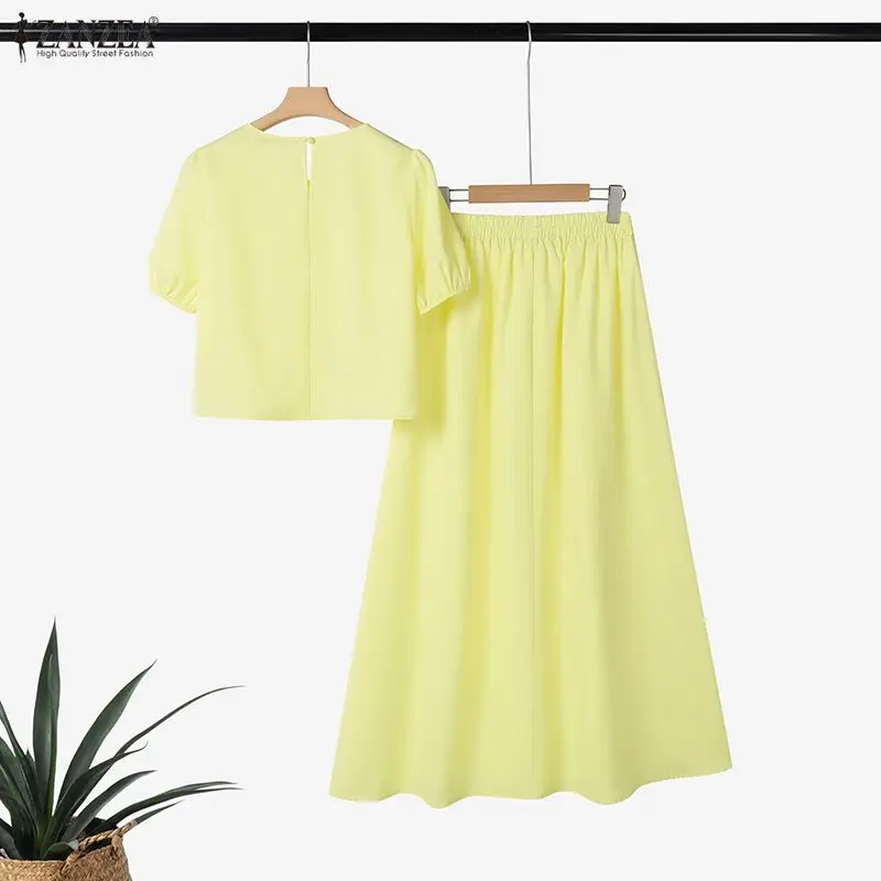 ZANZEA Women's Lace Paneled Skirt Suits Summer Puff Sleeve Crop Tops & A-Line Maxi Skirts 2 Pieces Sets Vacation Casual Outfits