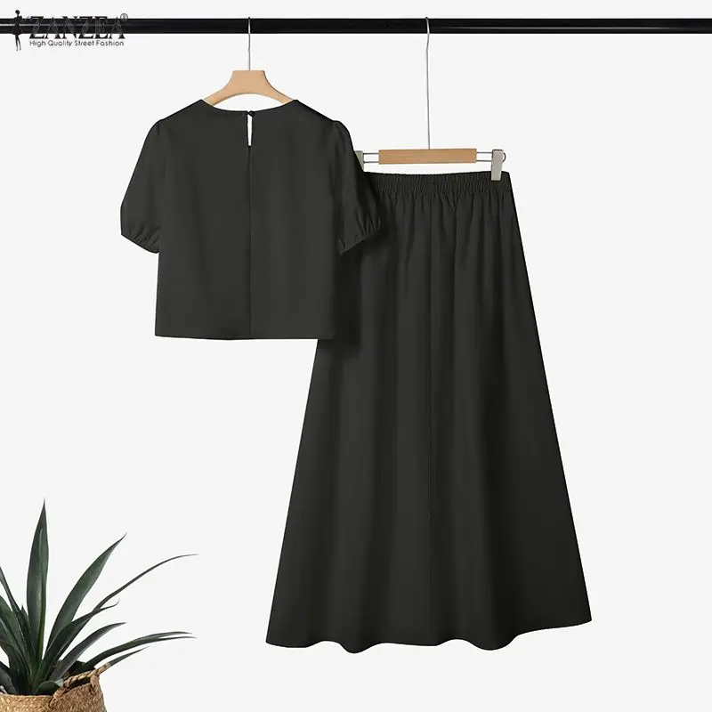 ZANZEA Women's Lace Paneled Skirt Suits Summer Puff Sleeve Crop Tops & A-Line Maxi Skirts 2 Pieces Sets Vacation Casual Outfits