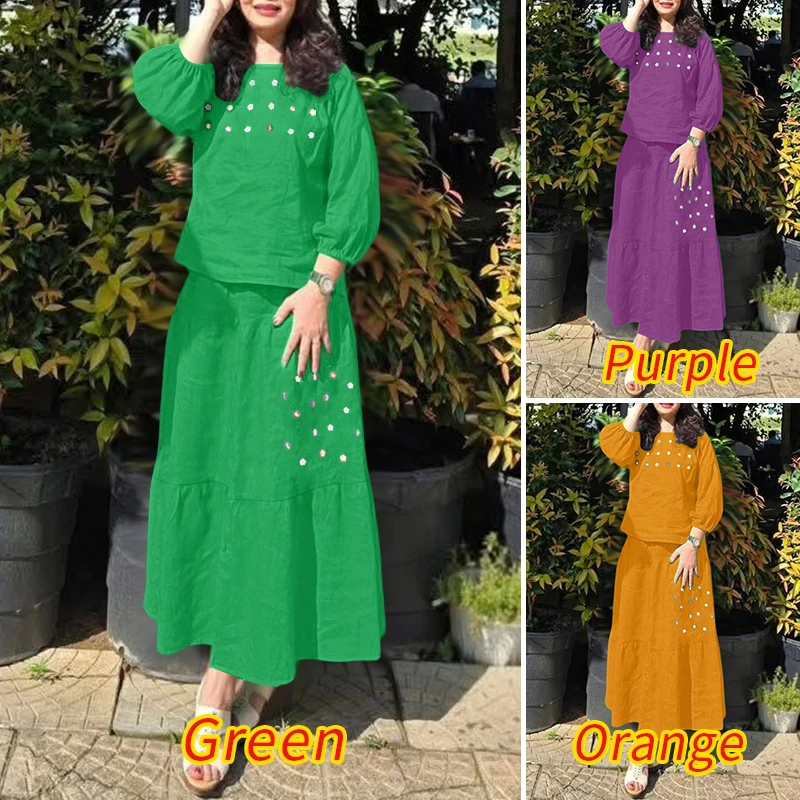 ZANZEA Casual 2 Pieces Sets for Woman Floral Embroidered 3/4 Sleeve Blouses & Tiered Long Skirts 2pcs Suits Holiday Skirt Sets