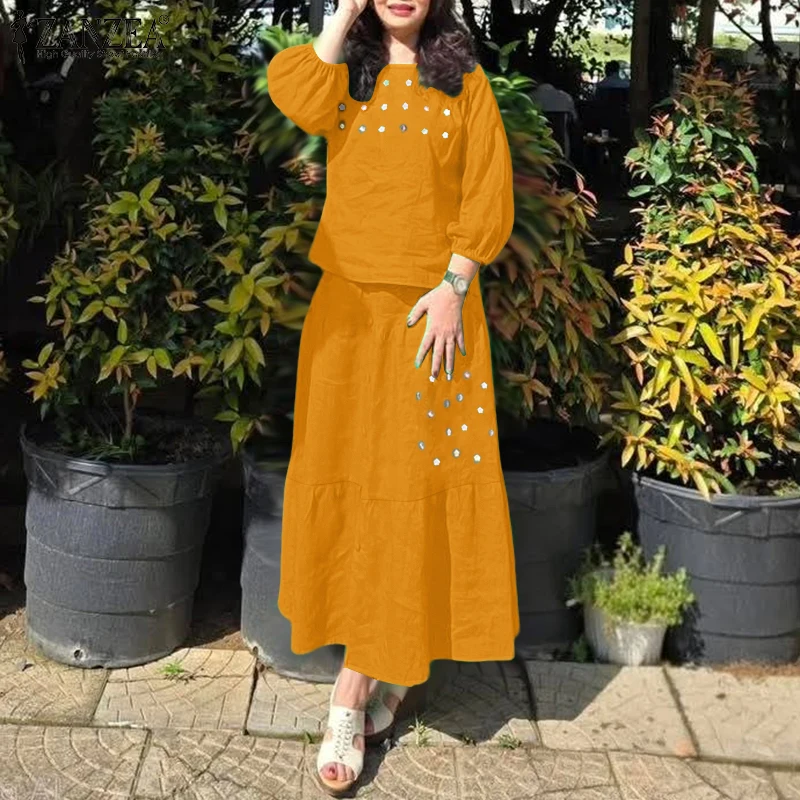 ZANZEA Casual 2 Pieces Sets for Woman Floral Embroidered 3/4 Sleeve Blouses & Tiered Long Skirts 2pcs Suits Holiday Skirt Sets