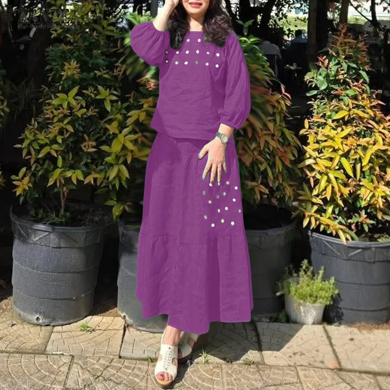 ZANZEA Casual 2 Pieces Sets for Woman Floral Embroidered 3/4 Sleeve Blouses & Tiered Long Skirts 2pcs Suits Holiday Skirt Sets