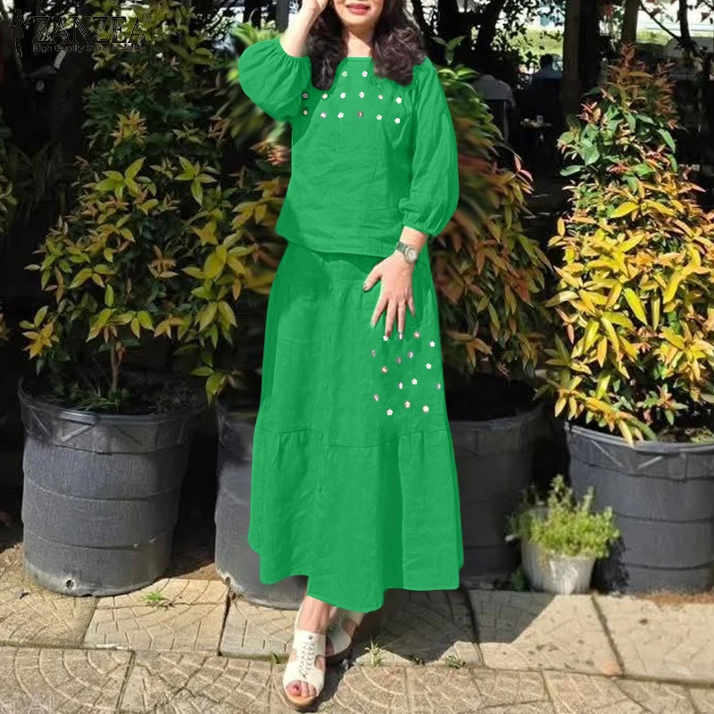 ZANZEA Casual 2 Pieces Sets for Woman Floral Embroidered 3/4 Sleeve Blouses & Tiered Long Skirts 2pcs Suits Holiday Skirt Sets