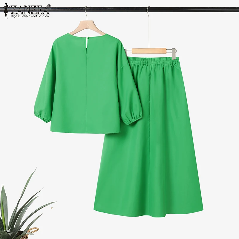 ZANZEA Casual 2 Pieces Sets for Woman Floral Embroidered 3/4 Sleeve Blouses & Tiered Long Skirts 2pcs Suits Holiday Skirt Sets