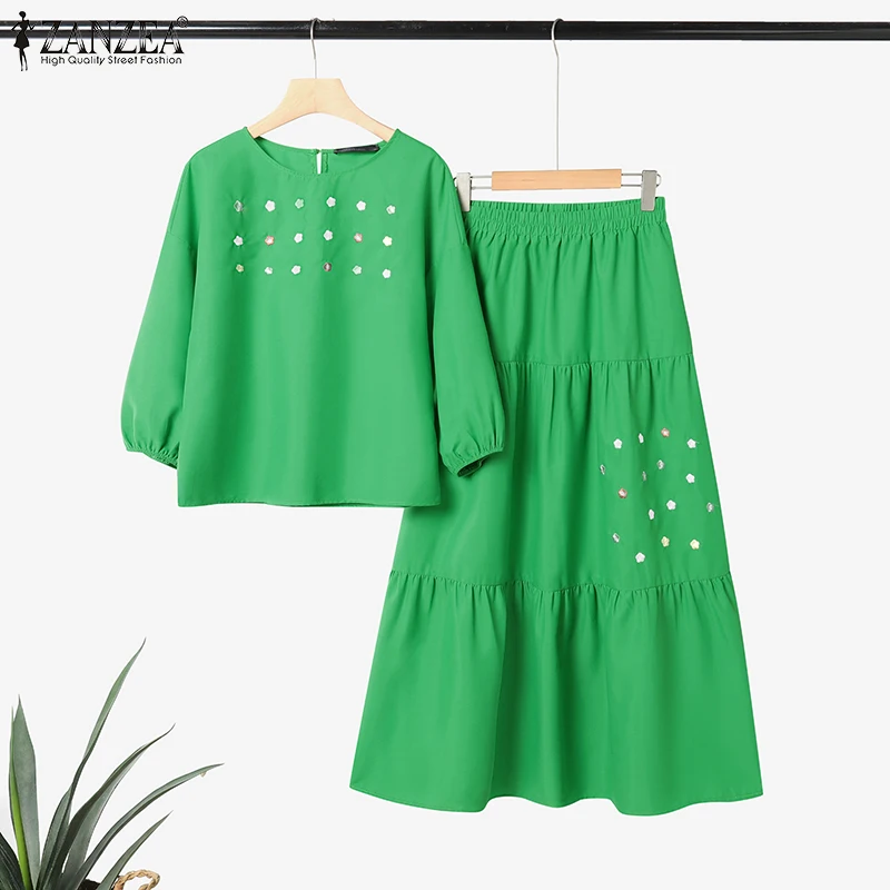 ZANZEA Casual 2 Pieces Sets for Woman Floral Embroidered 3/4 Sleeve Blouses & Tiered Long Skirts 2pcs Suits Holiday Skirt Sets