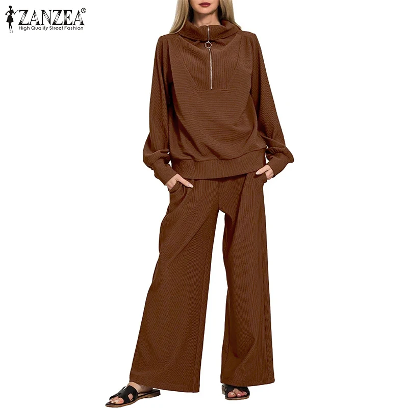 Women's Casual Style Knitted Pant Sets 2026 Spring Long Sleeve Sweatshirts and Wide Leg Pants 2 Pieces Suits Ribbed Tracksuits
