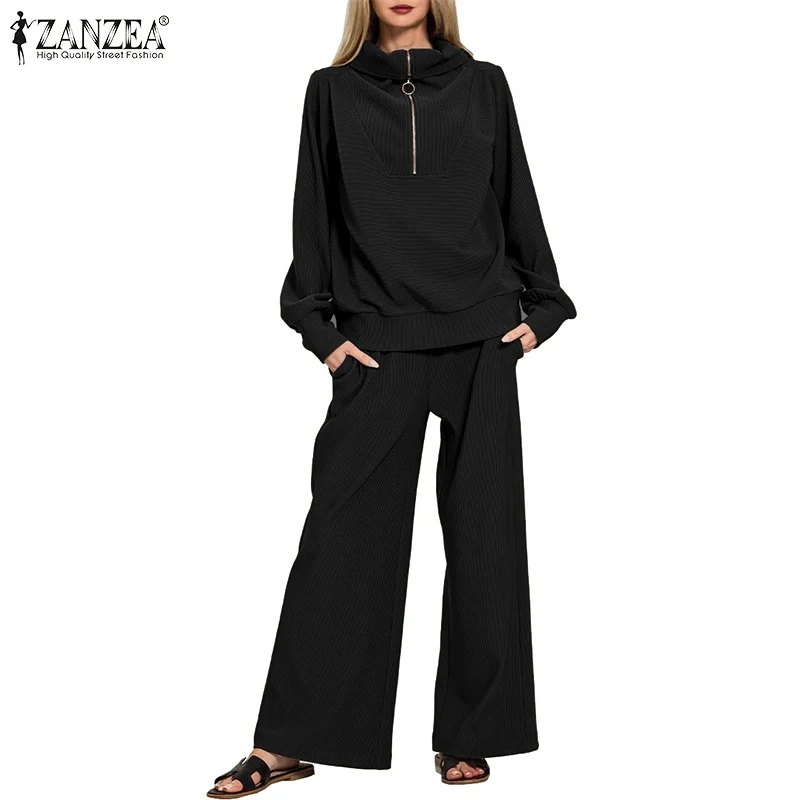 Women's Casual Style Knitted Pant Sets 2026 Spring Long Sleeve Sweatshirts and Wide Leg Pants 2 Pieces Suits Ribbed Tracksuits