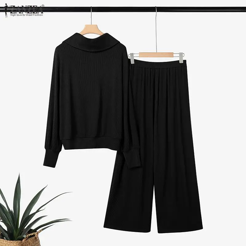 Women's Casual Style Knitted Pant Sets 2026 Spring Long Sleeve Sweatshirts and Wide Leg Pants 2 Pieces Suits Ribbed Tracksuits