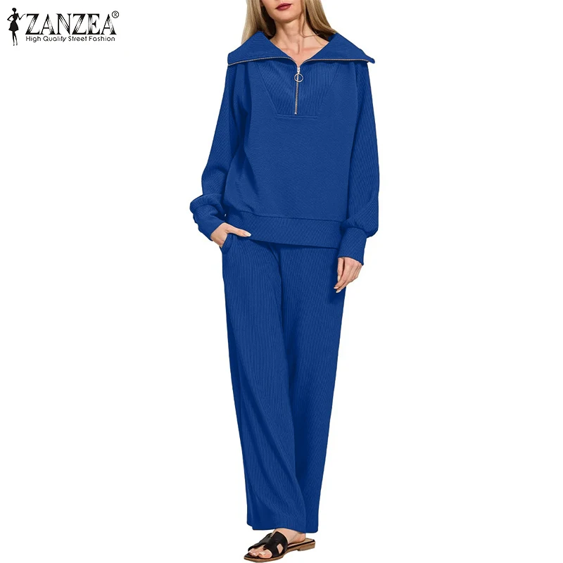 Women's Casual Style Knitted Pant Sets 2026 Spring Long Sleeve Sweatshirts and Wide Leg Pants 2 Pieces Suits Ribbed Tracksuits