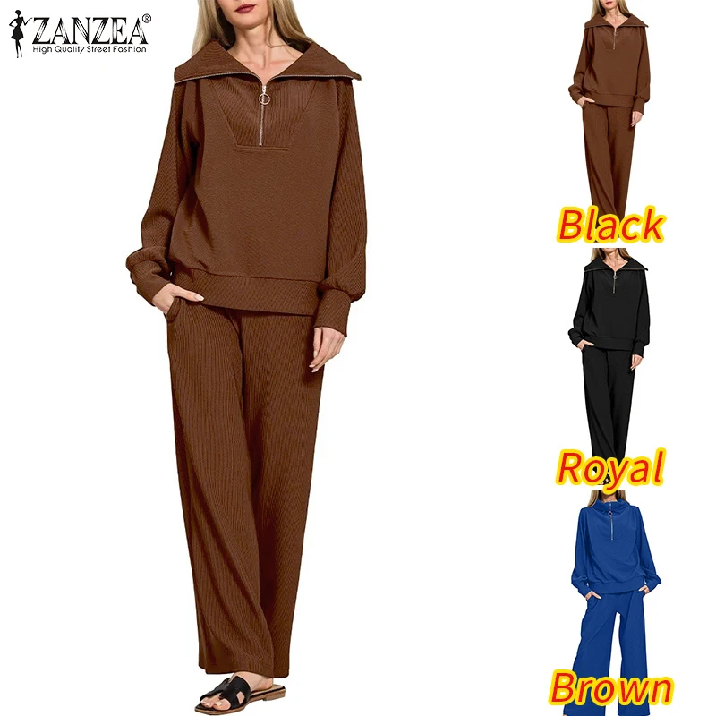 Women's Casual Style Knitted Pant Sets 2026 Spring Long Sleeve Sweatshirts and Wide Leg Pants 2 Pieces Suits Ribbed Tracksuits
