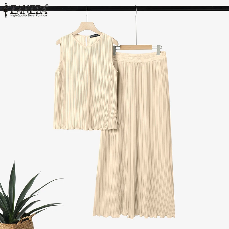 ZANZEA Stylish Plisse 2 Pieces Sets Women Fashion Pleated Tank Tops & High Waist Long Skirts 2pcs Suits Party Skirt Sets Outfits
