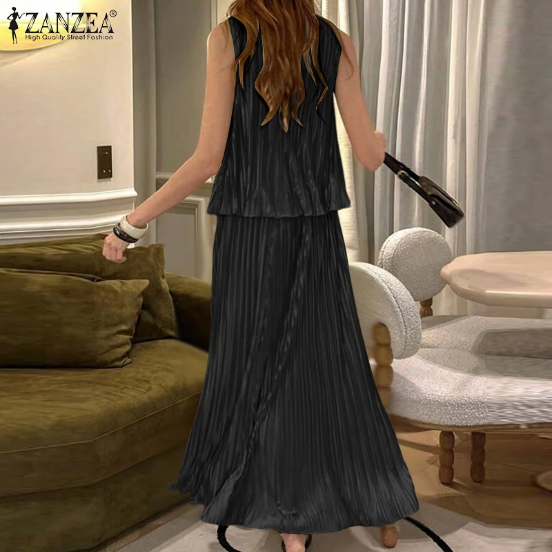 ZANZEA Stylish Plisse 2 Pieces Sets Women Fashion Pleated Tank Tops & High Waist Long Skirts 2pcs Suits Party Skirt Sets Outfits