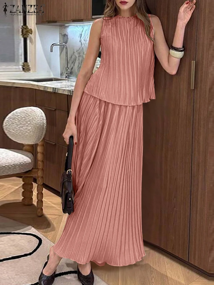 ZANZEA Stylish Plisse 2 Pieces Sets Women Fashion Pleated Tank Tops & High Waist Long Skirts 2pcs Suits Party Skirt Sets Outfits
