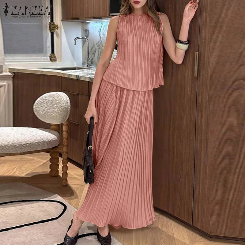 ZANZEA Stylish Plisse 2 Pieces Sets Women Fashion Pleated Tank Tops & High Waist Long Skirts 2pcs Suits Party Skirt Sets Outfits