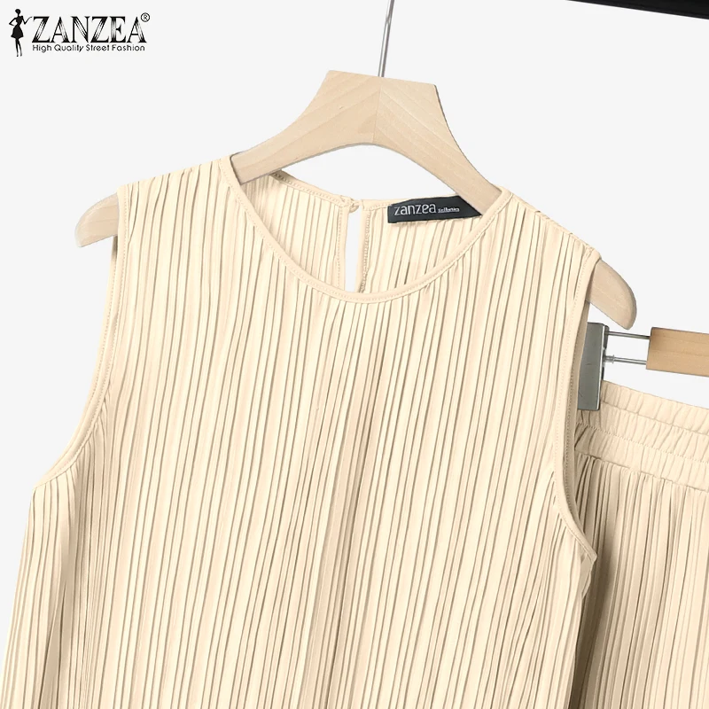 ZANZEA Stylish Plisse 2 Pieces Sets Women Fashion Pleated Tank Tops & High Waist Long Skirts 2pcs Suits Party Skirt Sets Outfits