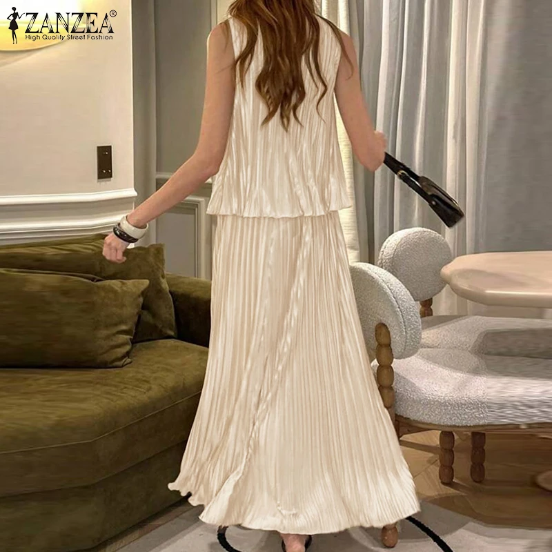 ZANZEA Stylish Plisse 2 Pieces Sets Women Fashion Pleated Tank Tops & High Waist Long Skirts 2pcs Suits Party Skirt Sets Outfits