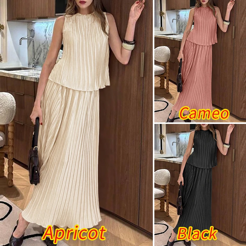 ZANZEA Stylish Plisse 2 Pieces Sets Women Fashion Pleated Tank Tops & High Waist Long Skirts 2pcs Suits Party Skirt Sets Outfits