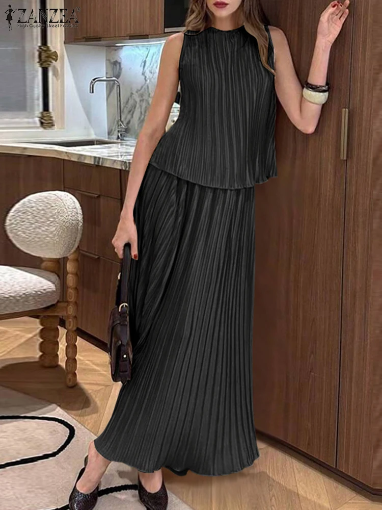 ZANZEA Stylish Plisse 2 Pieces Sets Women Fashion Pleated Tank Tops & High Waist Long Skirts 2pcs Suits Party Skirt Sets Outfits