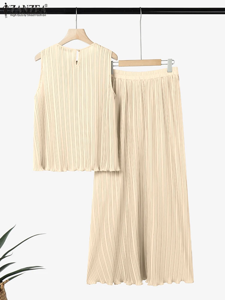 ZANZEA Stylish Plisse 2 Pieces Sets Women Fashion Pleated Tank Tops & High Waist Long Skirts 2pcs Suits Party Skirt Sets Outfits