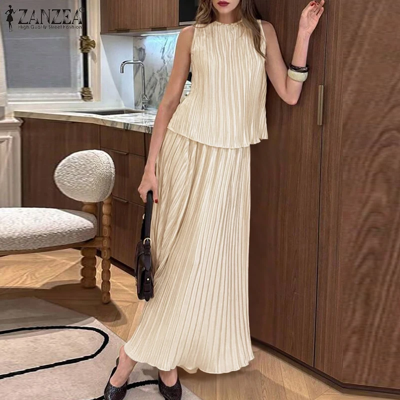 ZANZEA Stylish Plisse 2 Pieces Sets Women Fashion Pleated Tank Tops & High Waist Long Skirts 2pcs Suits Party Skirt Sets Outfits