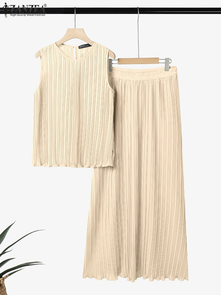ZANZEA Stylish Plisse 2 Pieces Sets Women Fashion Pleated Tank Tops & High Waist Long Skirts 2pcs Suits Party Skirt Sets Outfits