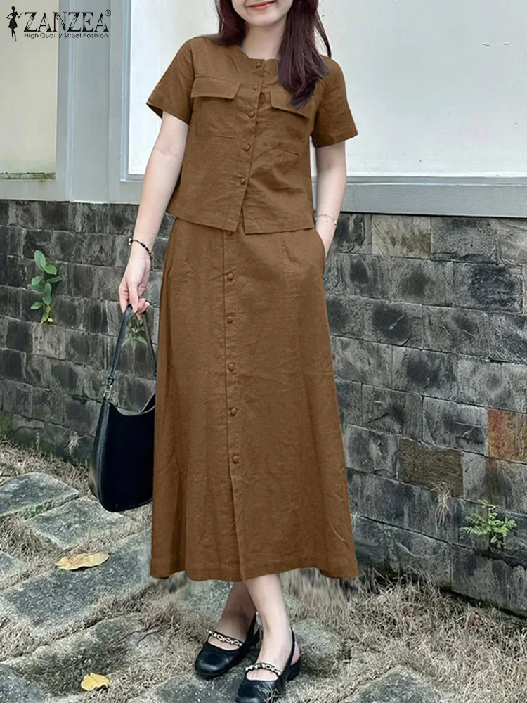 ZANZEA Womens Elegant 2 Pieces Sets Fashion O-Neck Short Sleeve Shirts Elastic Waist Skirts 2pcs Outfits Solid Midi Skirt Sets