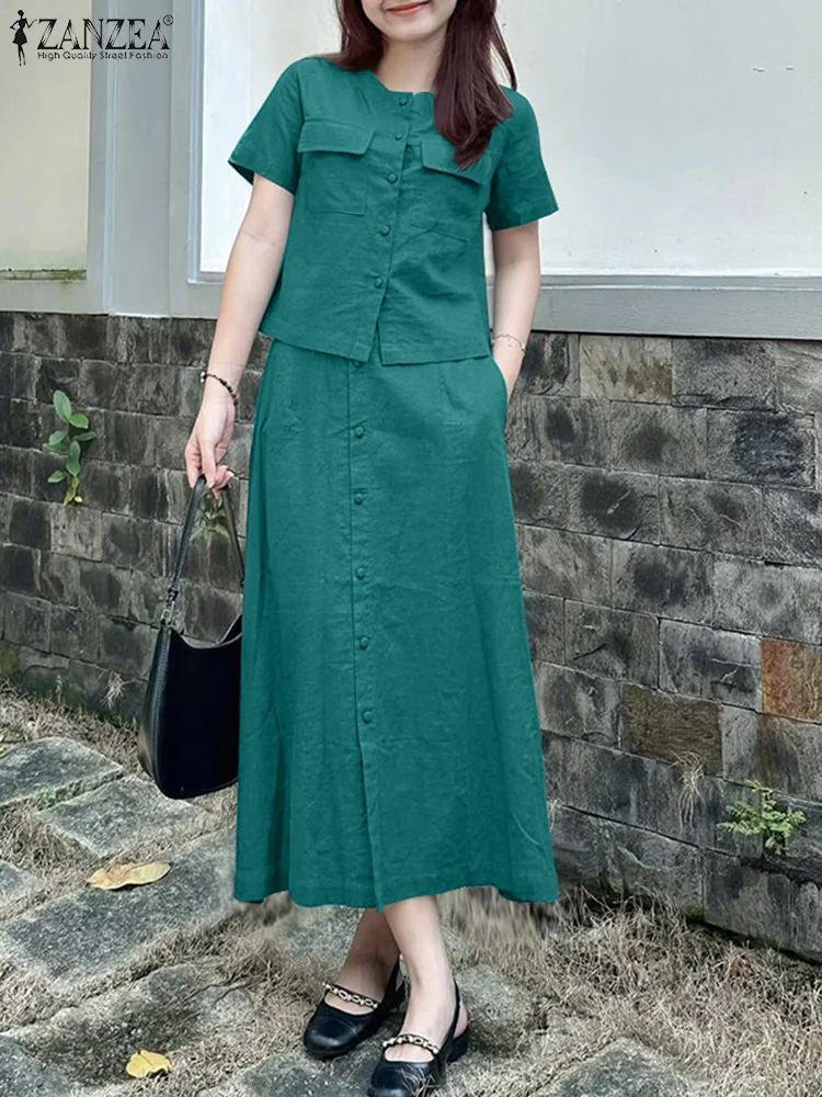 ZANZEA Womens Elegant 2 Pieces Sets Fashion O-Neck Short Sleeve Shirts Elastic Waist Skirts 2pcs Outfits Solid Midi Skirt Sets