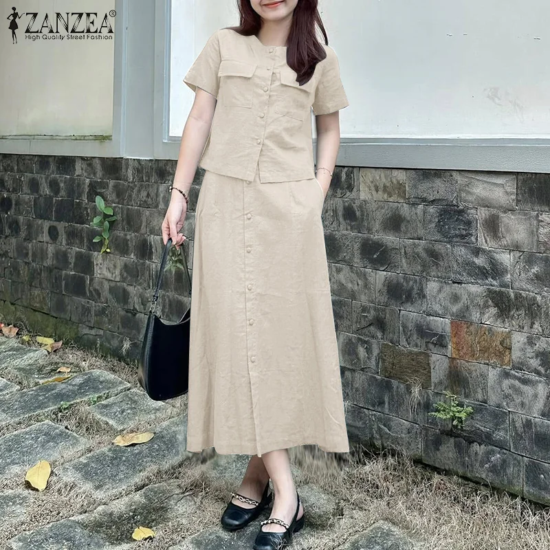 ZANZEA Womens Elegant 2 Pieces Sets Fashion O-Neck Short Sleeve Shirts Elastic Waist Skirts 2pcs Outfits Solid Midi Skirt Sets