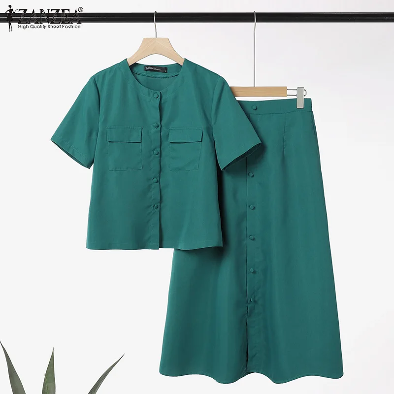 ZANZEA Womens Elegant 2 Pieces Sets Fashion O-Neck Short Sleeve Shirts Elastic Waist Skirts 2pcs Outfits Solid Midi Skirt Sets