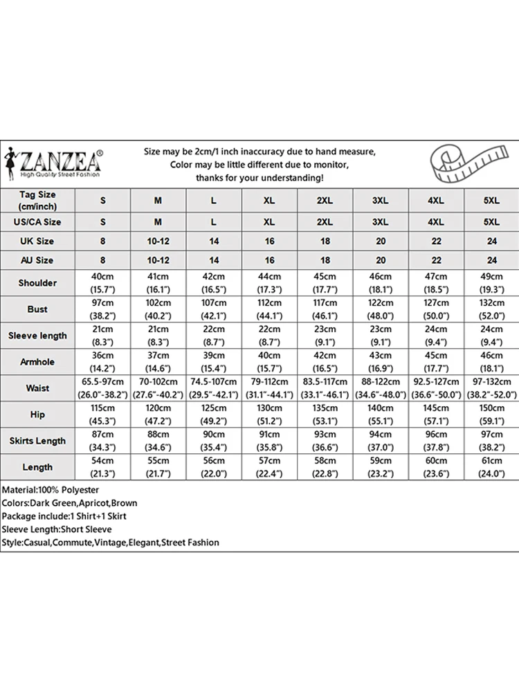 ZANZEA Womens Elegant 2 Pieces Sets Fashion O-Neck Short Sleeve Shirts Elastic Waist Skirts 2pcs Outfits Solid Midi Skirt Sets