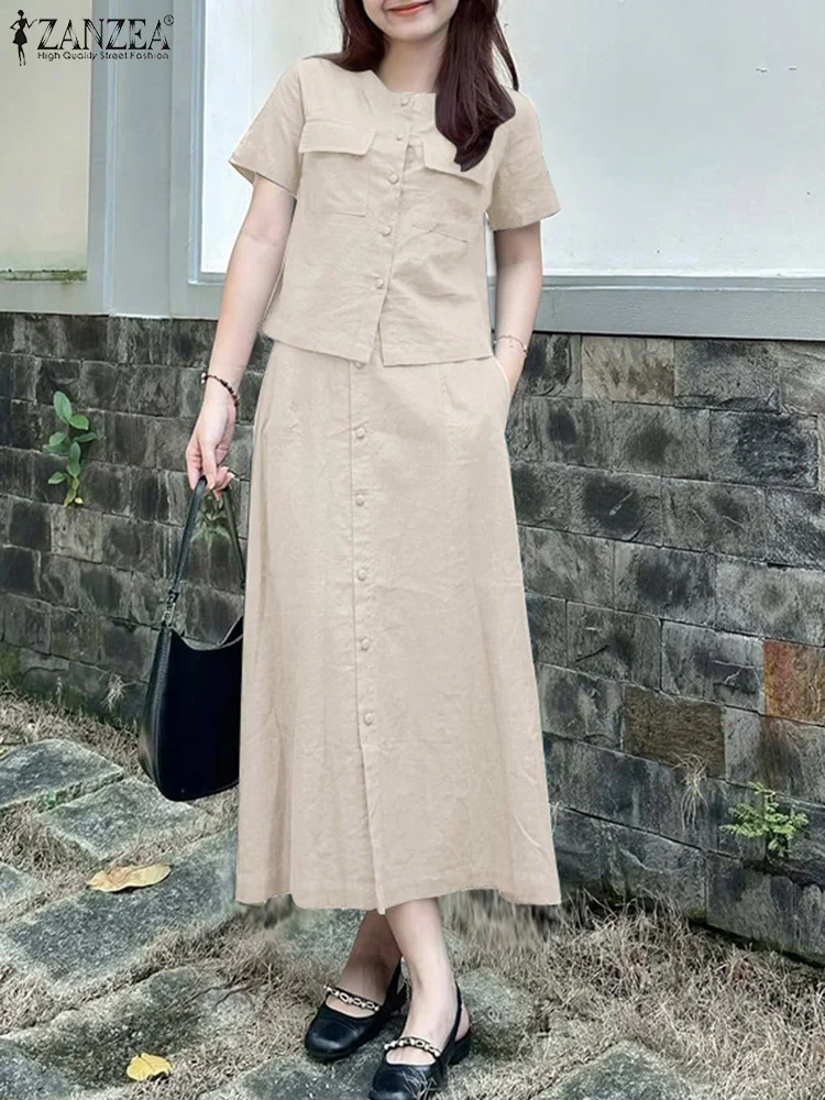 ZANZEA Womens Elegant 2 Pieces Sets Fashion O-Neck Short Sleeve Shirts Elastic Waist Skirts 2pcs Outfits Solid Midi Skirt Sets