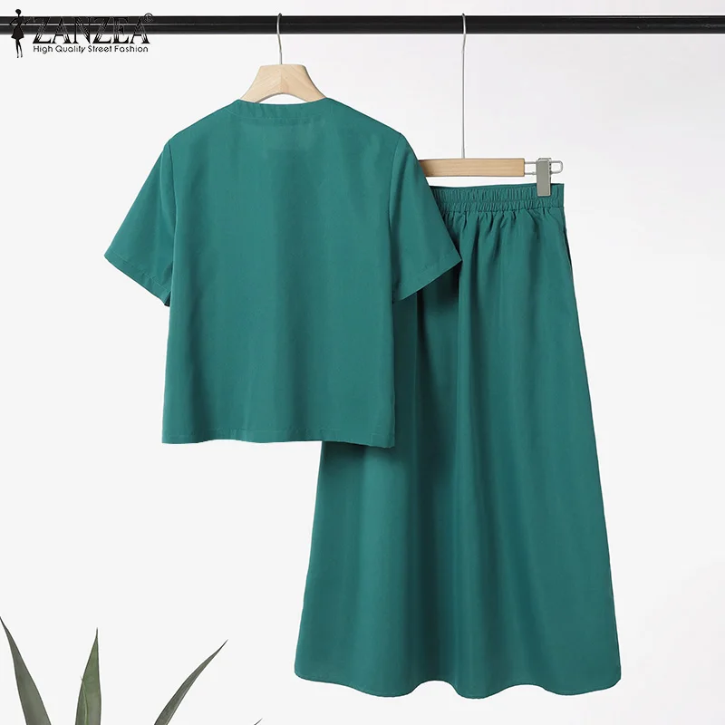 ZANZEA Womens Elegant 2 Pieces Sets Fashion O-Neck Short Sleeve Shirts Elastic Waist Skirts 2pcs Outfits Solid Midi Skirt Sets