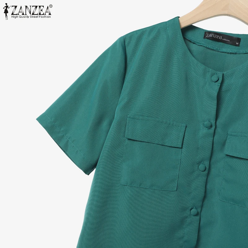 ZANZEA Womens Elegant 2 Pieces Sets Fashion O-Neck Short Sleeve Shirts Elastic Waist Skirts 2pcs Outfits Solid Midi Skirt Sets