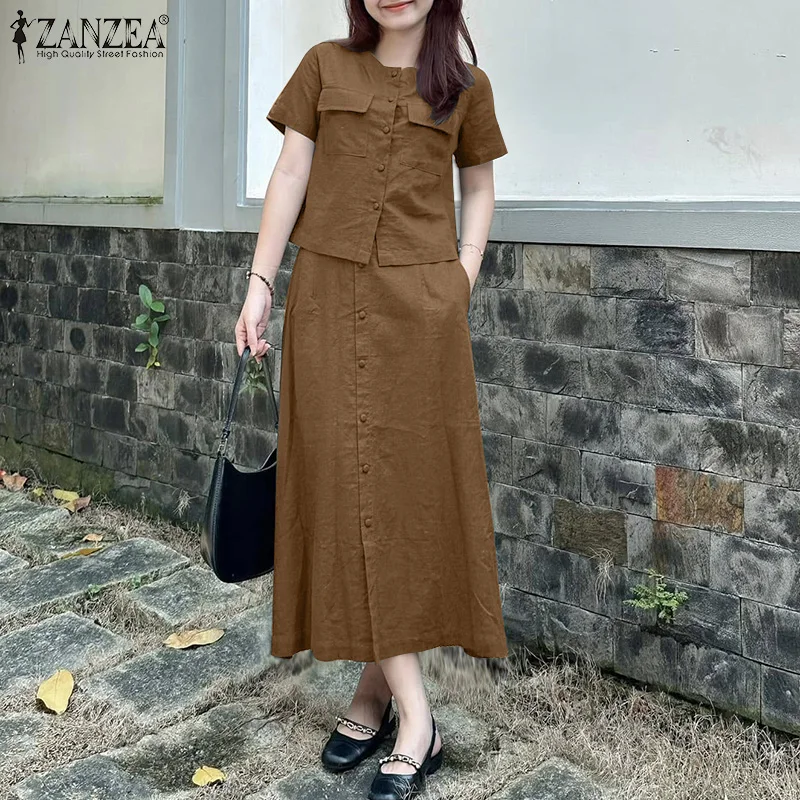ZANZEA Womens Elegant 2 Pieces Sets Fashion O-Neck Short Sleeve Shirts Elastic Waist Skirts 2pcs Outfits Solid Midi Skirt Sets