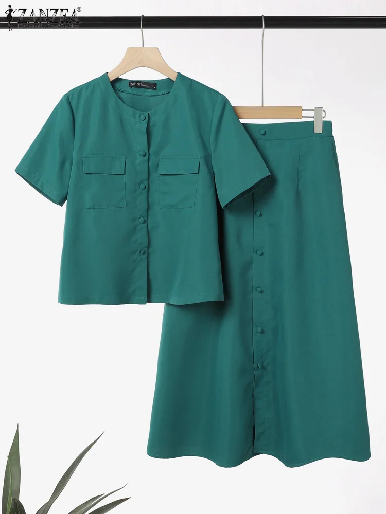 ZANZEA Womens Elegant 2 Pieces Sets Fashion O-Neck Short Sleeve Shirts Elastic Waist Skirts 2pcs Outfits Solid Midi Skirt Sets