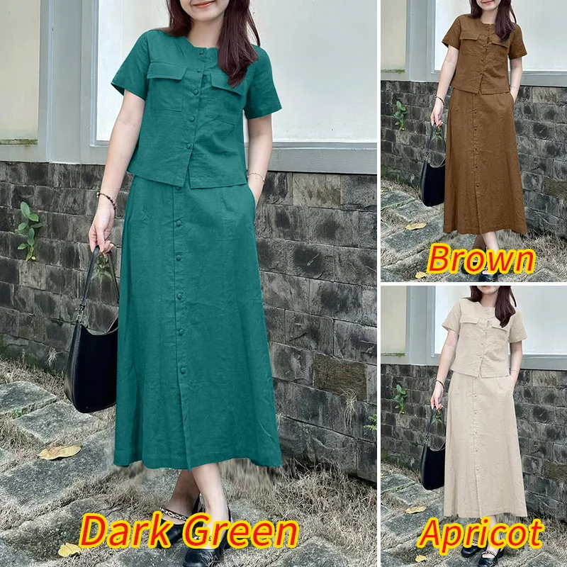 ZANZEA Womens Elegant 2 Pieces Sets Fashion O-Neck Short Sleeve Shirts Elastic Waist Skirts 2pcs Outfits Solid Midi Skirt Sets