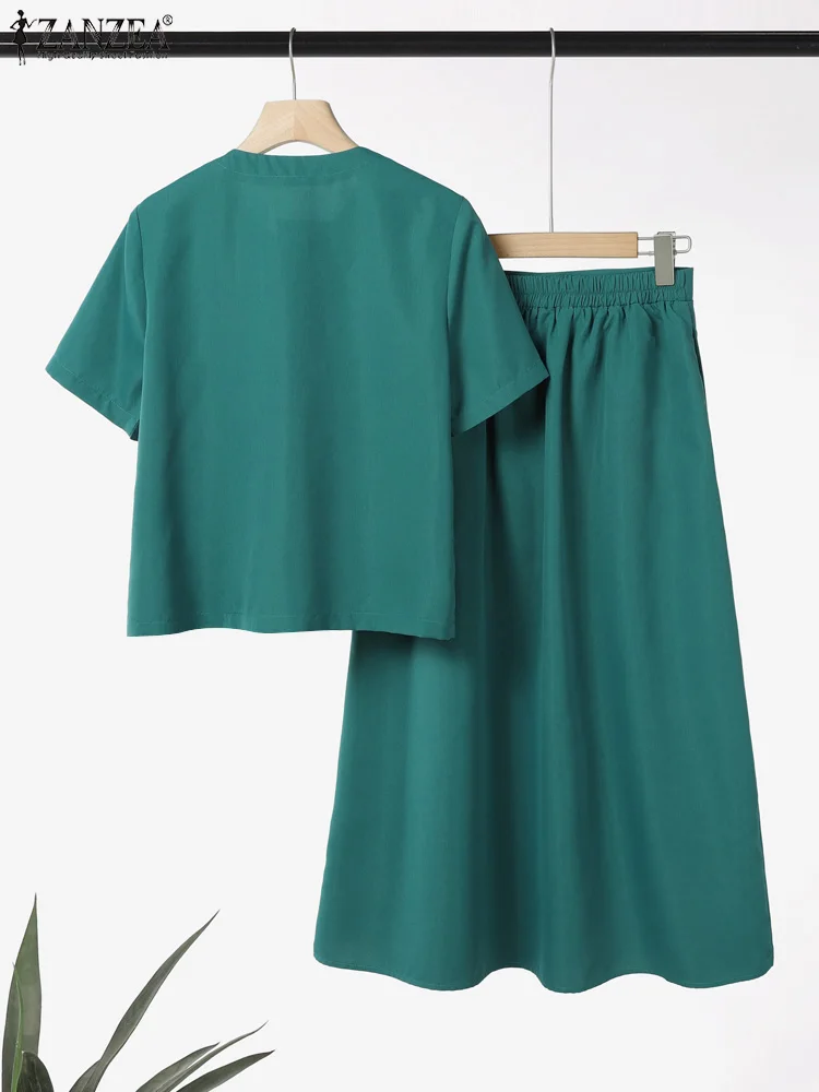 ZANZEA Womens Elegant 2 Pieces Sets Fashion O-Neck Short Sleeve Shirts Elastic Waist Skirts 2pcs Outfits Solid Midi Skirt Sets