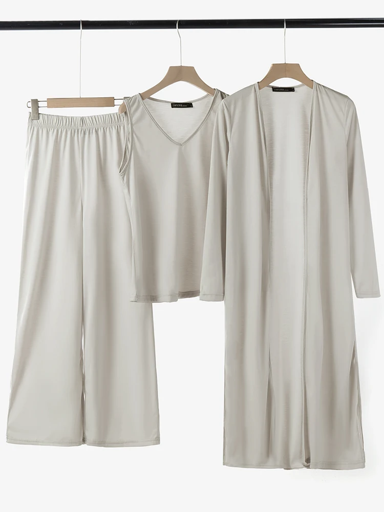 ZANZEA Fashion Women's 3 Pieces Pant Sets Long Cardigans & Tank Tops & Wide Leg Pants 3pcs Outfits Spring 2026 Cozy Loose Suits