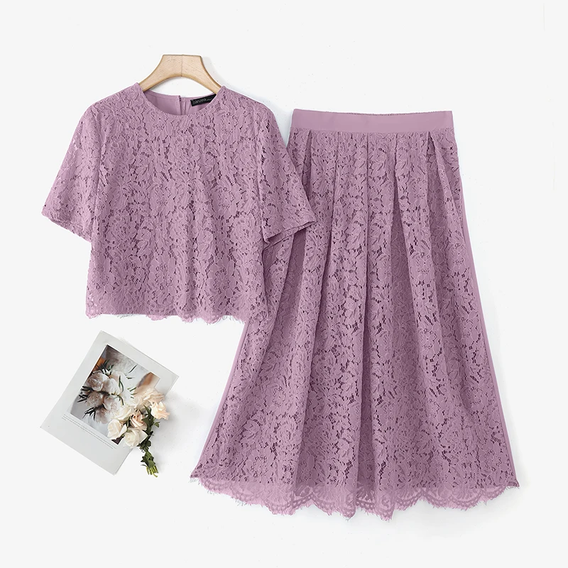 ZANZEA Elegant Openwork Lace Skirt Sets Women Casual Short Sleeve Crop Tops A-line Long Skirts 2pcs Outfits Holiday Party Suits