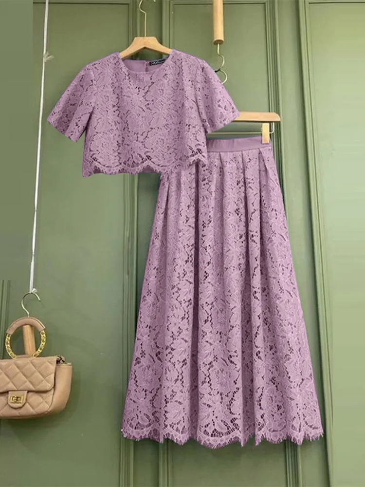 ZANZEA Elegant Openwork Lace Skirt Sets Women Casual Short Sleeve Crop Tops A-line Long Skirts 2pcs Outfits Holiday Party Suits