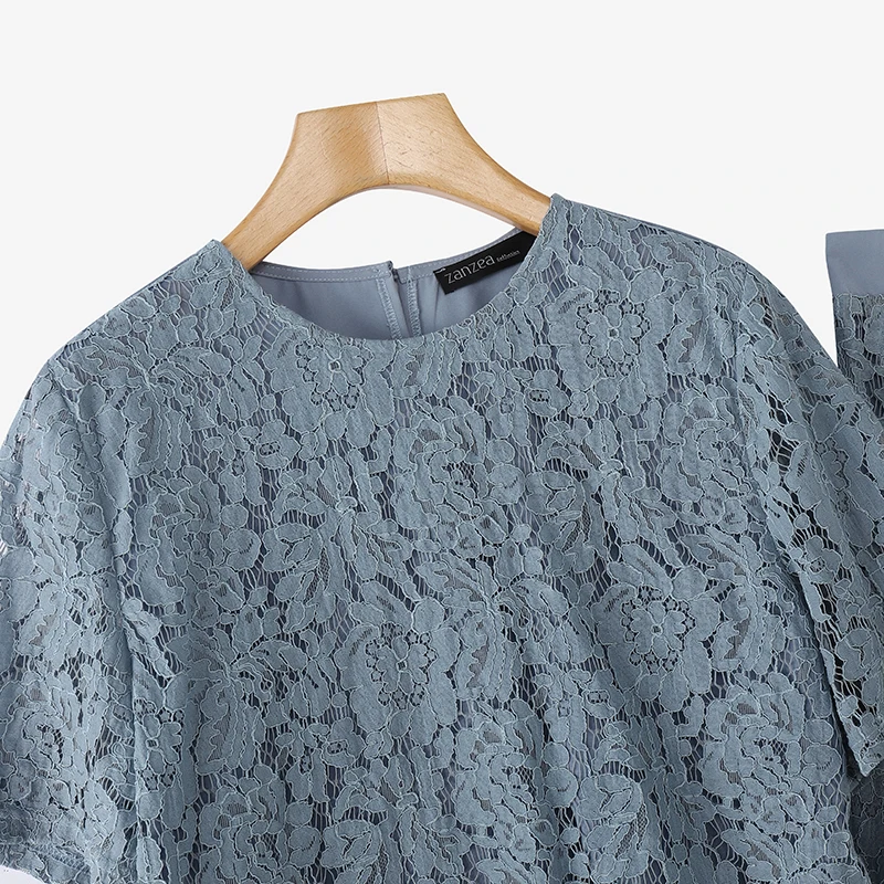 ZANZEA Elegant Openwork Lace Skirt Sets Women Casual Short Sleeve Crop Tops A-line Long Skirts 2pcs Outfits Holiday Party Suits