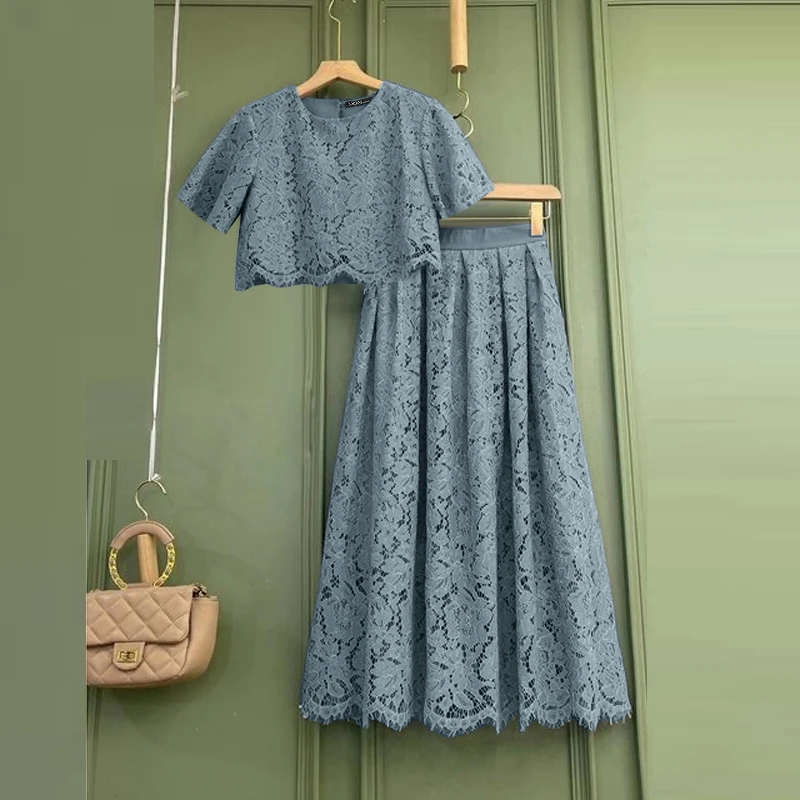 ZANZEA Elegant Openwork Lace Skirt Sets Women Casual Short Sleeve Crop Tops A-line Long Skirts 2pcs Outfits Holiday Party Suits