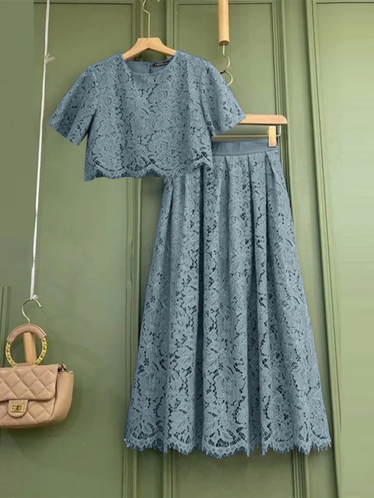 ZANZEA Elegant Openwork Lace Skirt Sets Women Casual Short Sleeve Crop Tops A-line Long Skirts 2pcs Outfits Holiday Party Suits