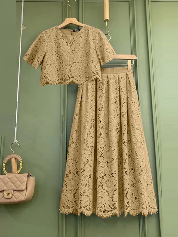 ZANZEA Elegant Openwork Lace Skirt Sets Women Casual Short Sleeve Crop Tops A-line Long Skirts 2pcs Outfits Holiday Party Suits