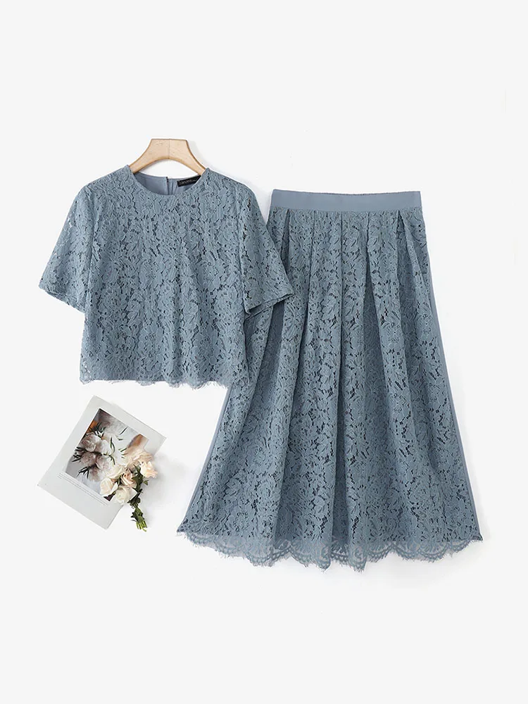 ZANZEA Elegant Openwork Lace Skirt Sets Women Casual Short Sleeve Crop Tops A-line Long Skirts 2pcs Outfits Holiday Party Suits