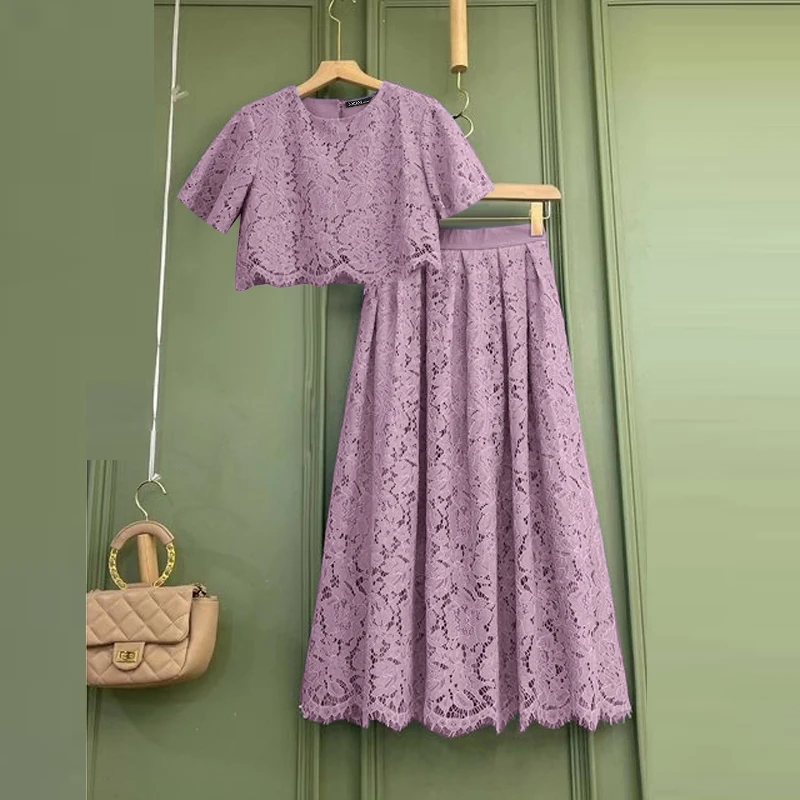 ZANZEA Elegant Openwork Lace Skirt Sets Women Casual Short Sleeve Crop Tops A-line Long Skirts 2pcs Outfits Holiday Party Suits