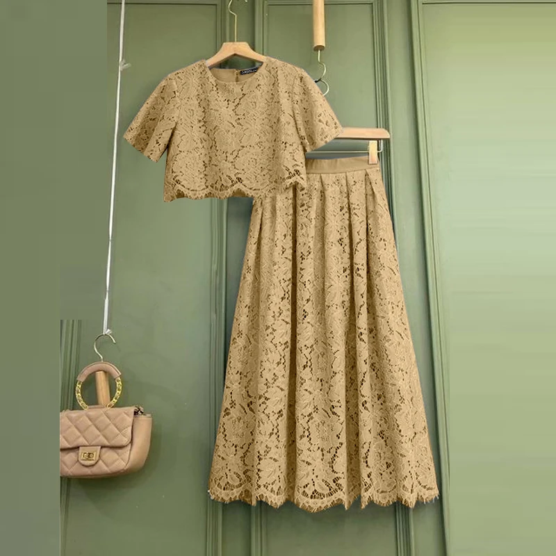 ZANZEA Elegant Openwork Lace Skirt Sets Women Casual Short Sleeve Crop Tops A-line Long Skirts 2pcs Outfits Holiday Party Suits