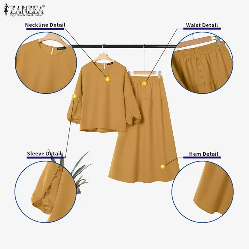 Women's Casual Chic Skirt Suits Autumn O-Neck Lantern Sleeve Blouses and A-Line Maxi Skirts 2 Piece Sets ZANZEA Woman Outfit 3XL