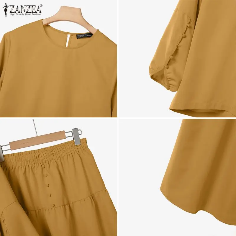 Women's Casual Chic Skirt Suits Autumn O-Neck Lantern Sleeve Blouses and A-Line Maxi Skirts 2 Piece Sets ZANZEA Woman Outfit 3XL