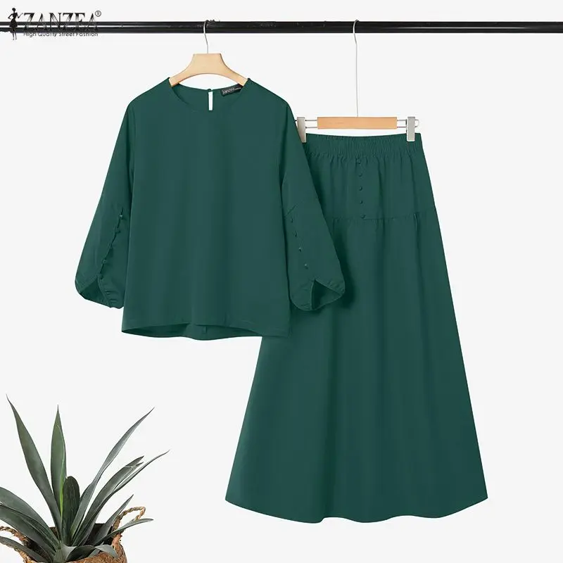 Women's Casual Chic Skirt Suits Autumn O-Neck Lantern Sleeve Blouses and A-Line Maxi Skirts 2 Piece Sets ZANZEA Woman Outfit 3XL